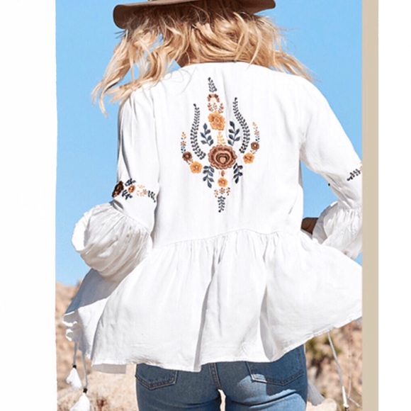 White Boho Embroidered Tie Front Blouse - Picture 4 of 8